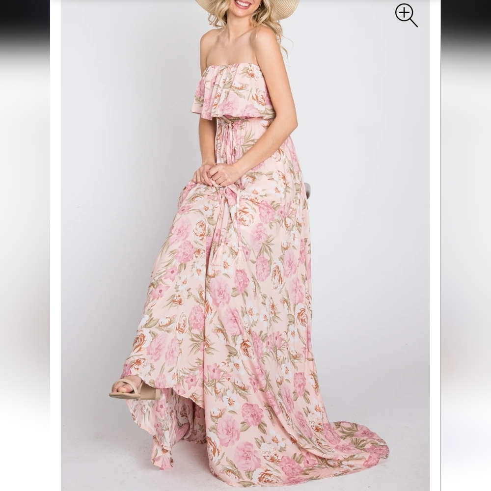 Pinkblush Floral Strapless Ruffle Chic Flowergarden FeminineMaxi Dress - Picture 1 of 15